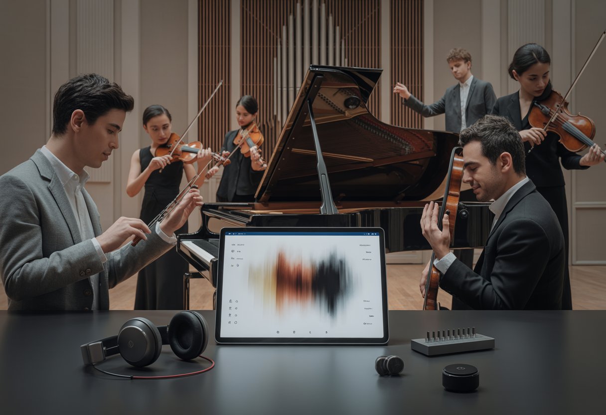 Musikerinnen und Musiker verbinden klassische Instrumente mit moderner digitaler Audiotechnik in einem Konzertsaal.