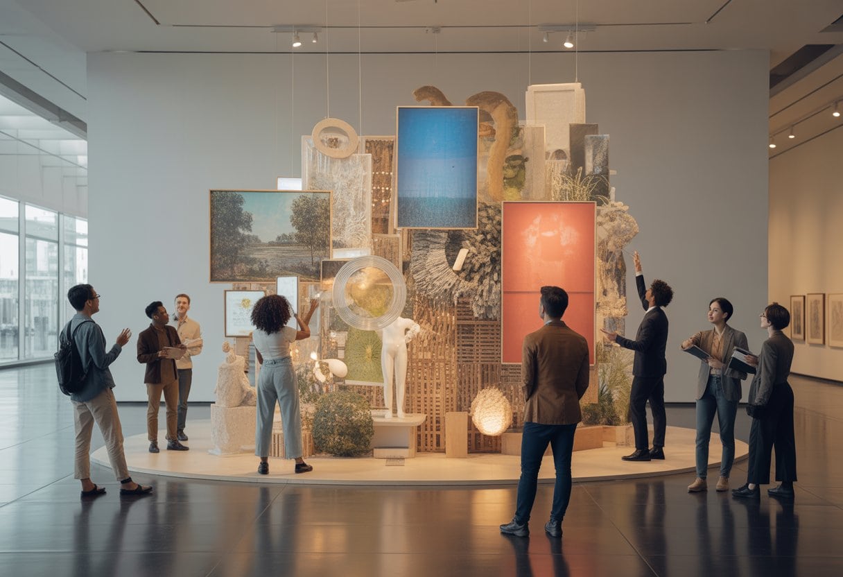 Menschen betrachten und diskutieren gemeinsam eine vielfältige Ausstellung in einem modernen Kunstraum.