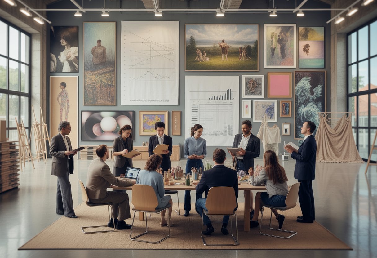Kulturschaffende und Förderfachleute arbeiten gemeinsam in einem modernen Kunstraum an verschiedenen Kunst- und Medienprojekten.