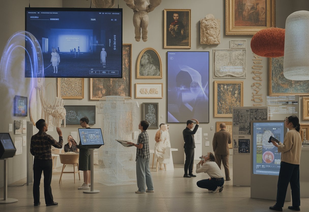 Menschen erkunden digitale Kunstinstallationen in einem modernen Kulturzentrum.