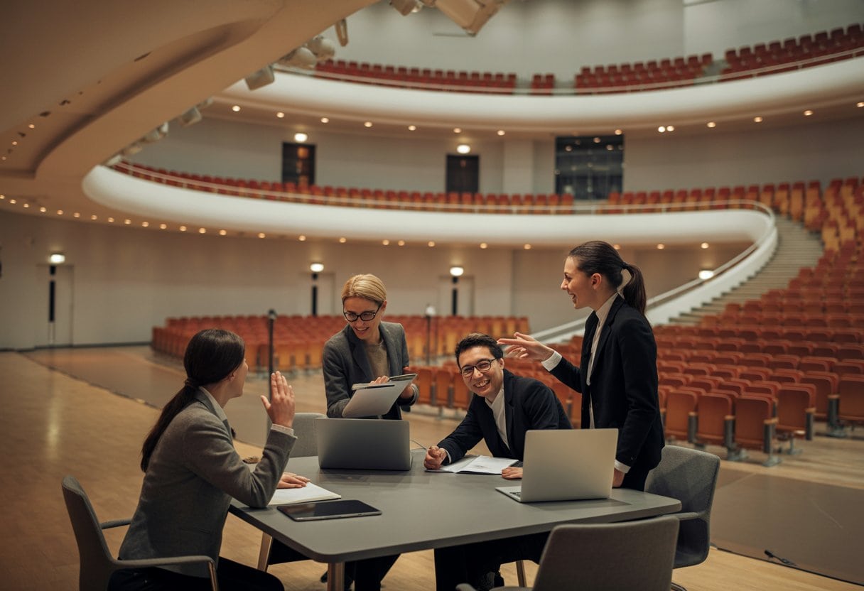 Ein diverses Team plant in einer modernen Kulturstätte neue Wege für einen sparsamen und nachhaltigen Betrieb.