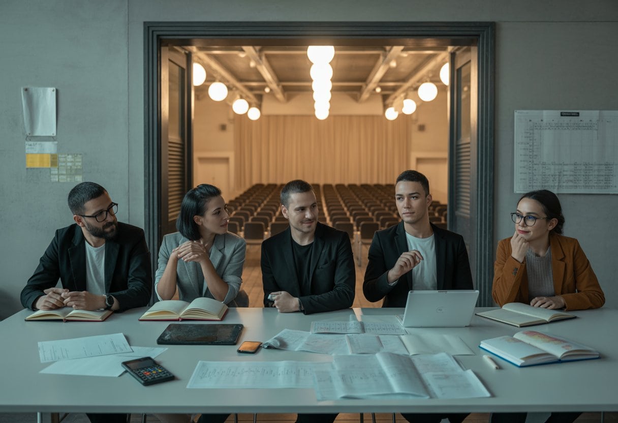 Ein Kulturteam berät sich an einem Tisch in einem Theaterraum über finanzielle Herausforderungen und neue Lösungen.