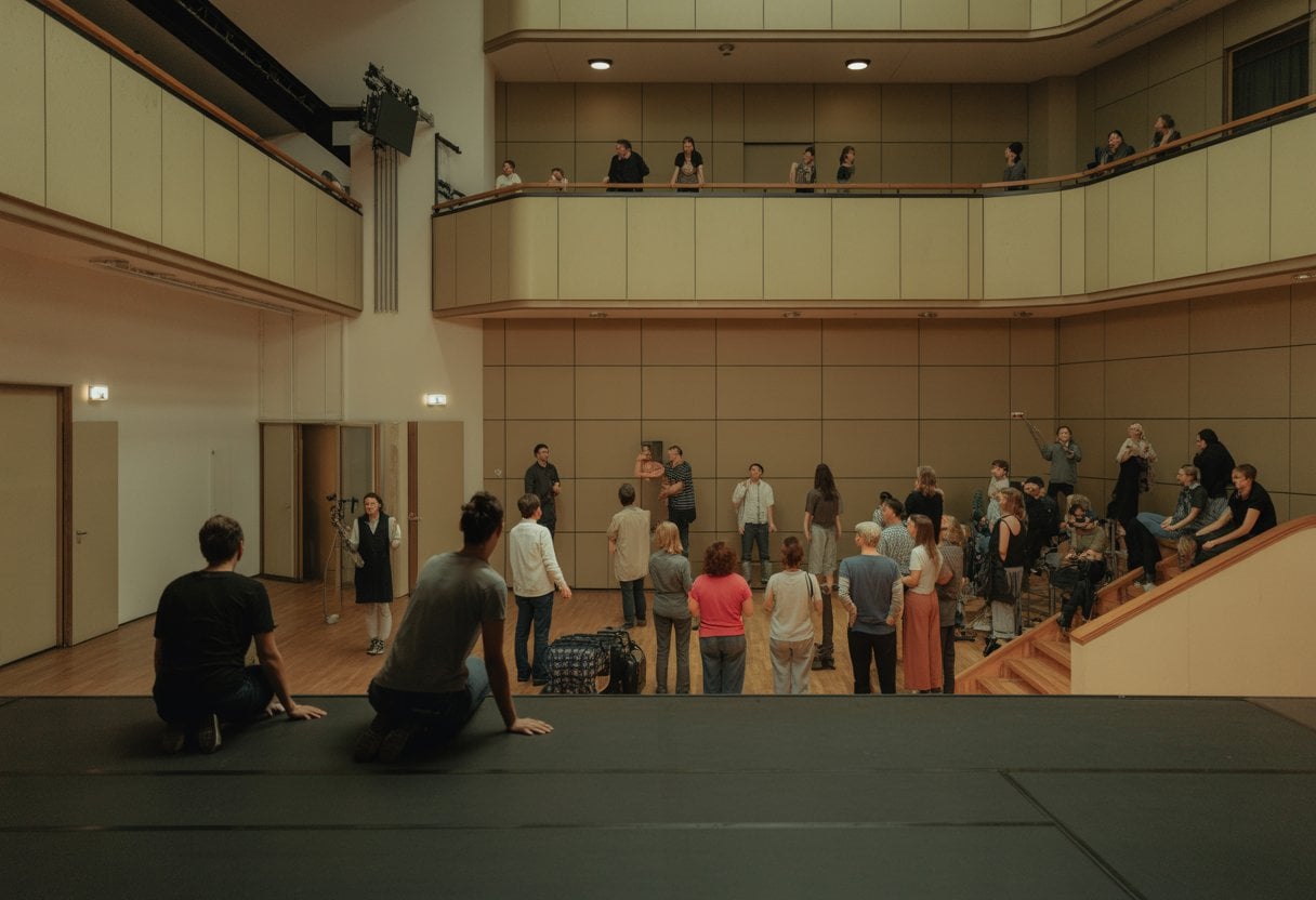 Kulturschaffende und Publikum arbeiten während einer offenen Probe gemeinsam in einem Theater mit einfacher, wiederverwendeter Ausstattung.