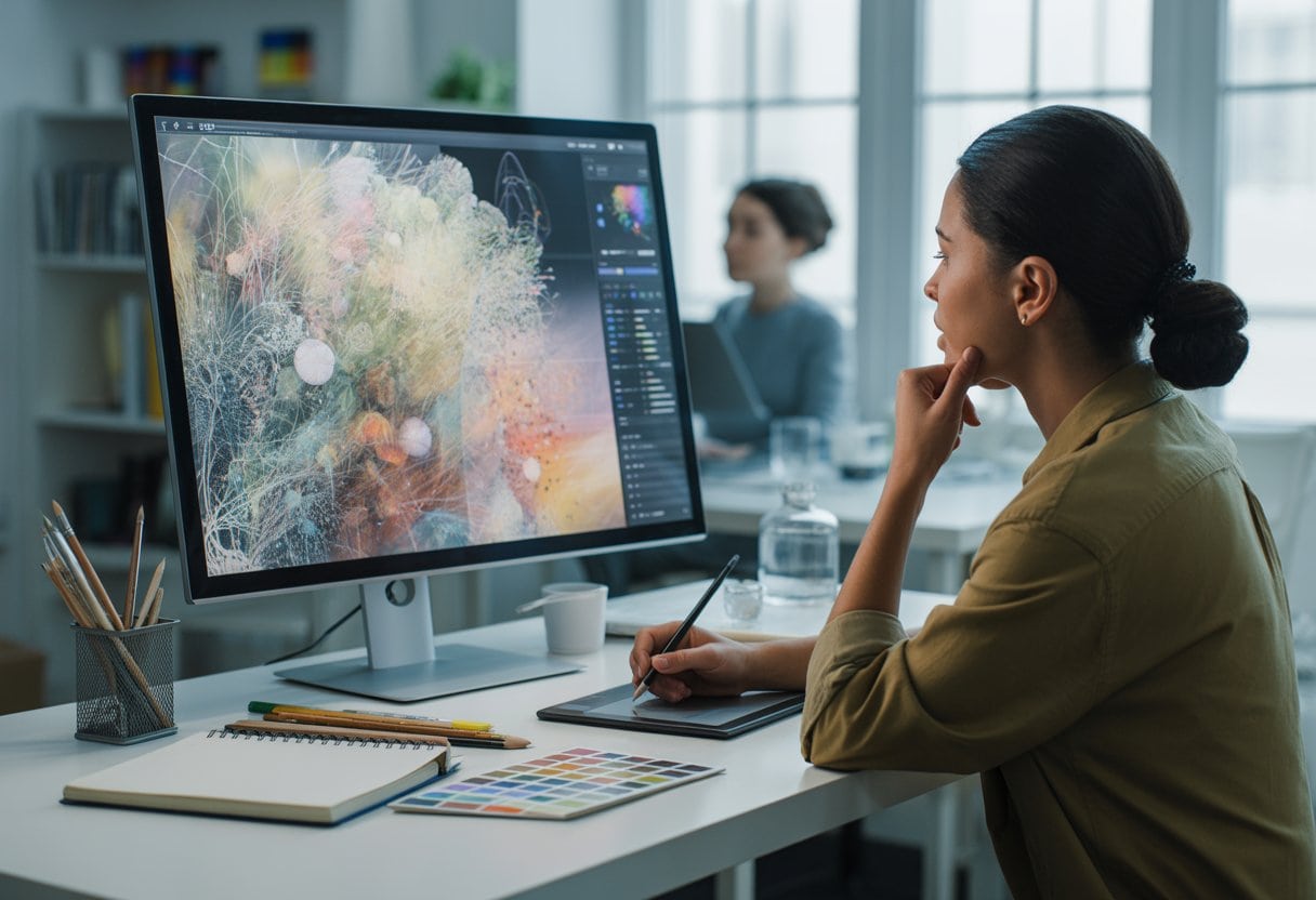 Eine Künstlerin arbeitet in einem hellen Studio an einem Computer mit abstrakter digitaler Kunst.