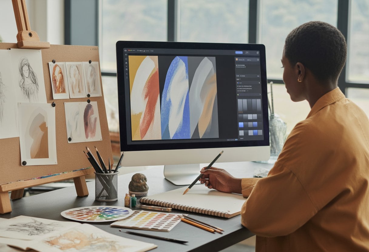 Eine Künstlerin verbindet traditionelle Materialien mit digitalen Werkzeugen an einem modernen Arbeitsplatz.